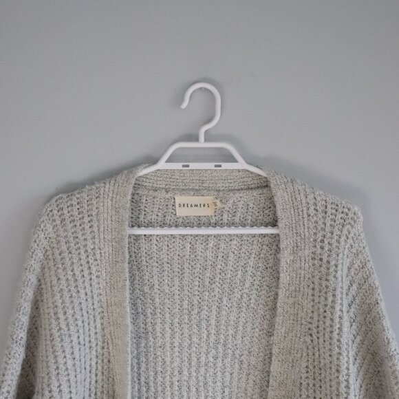 Dreamers Open Front S/M Knit Longline Grey Woven Ribbed Sweater Cardigan - Picture 3 of 10